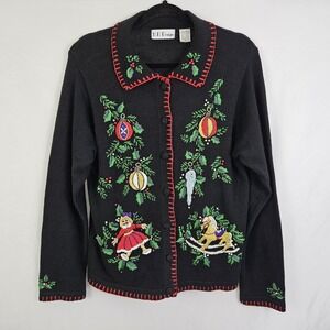 Vintage BP Design Christmas Sweater Medium Black Embroidered Beaded Cardigan
